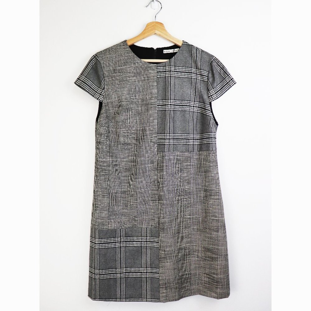 NWT Alice + Olivia Coley Plaid Dress Contrast Print Short Sleeve Black White 10 - Picture 5 of 9